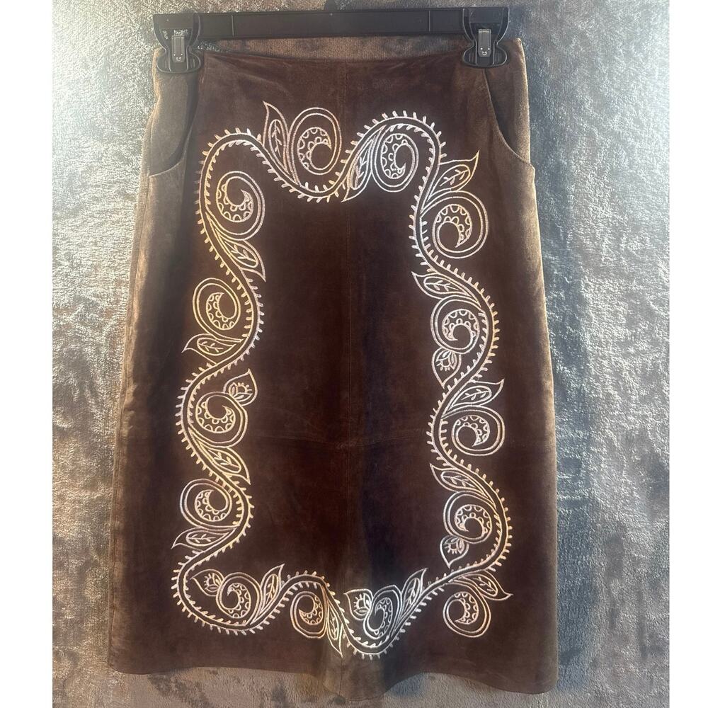 VTG Y2K INC International Concepts BOHO A-Line Brown Suede MIDI Skirt Size 2